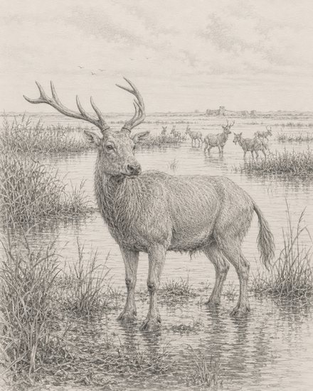 Illustration of Père David's deer in marshland