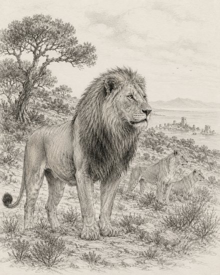 Illustration of a lion on the Iberian scrub