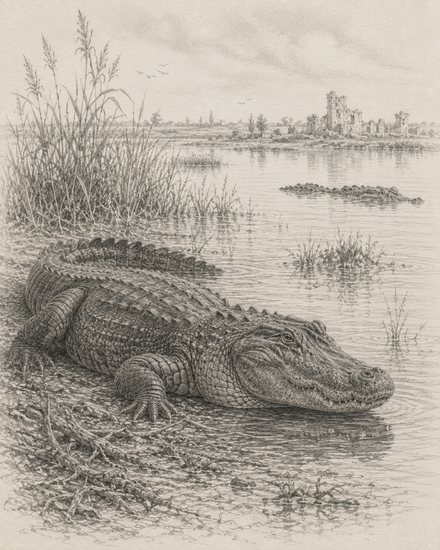 Illustration of an alligator in drowned southern Italy