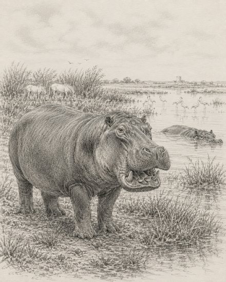 Illustration of a hippopotamus in Mediterranean lagoons